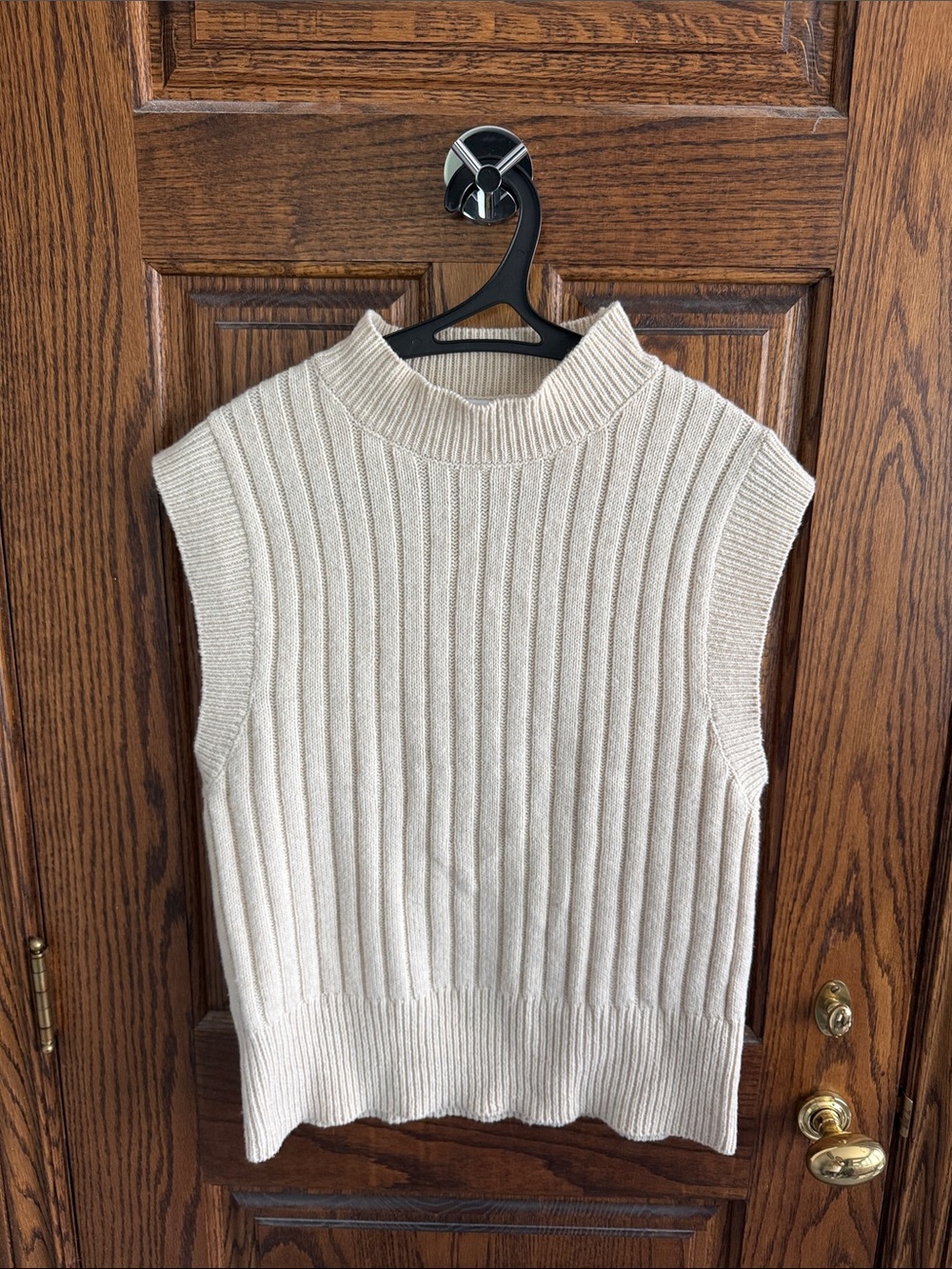 Mango Cream Ribbed Knit Sleeveless Mock Neck Top